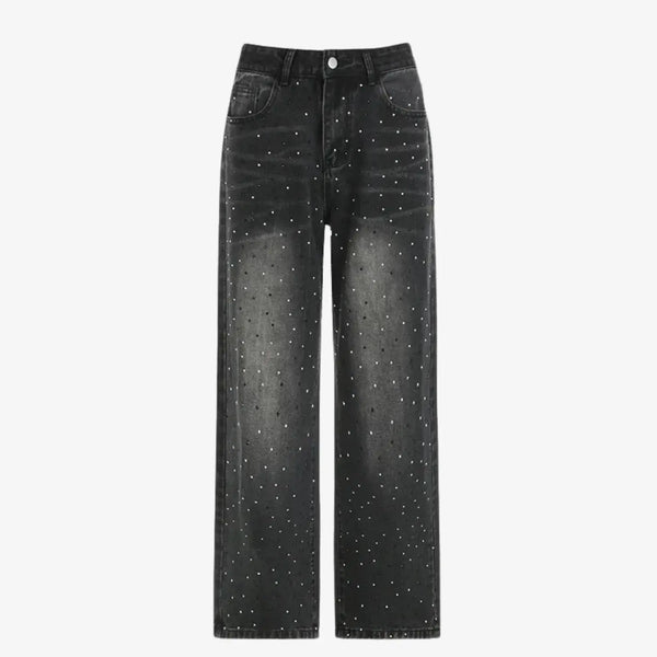 Calça Jeans Cintura Alta com Strass preto MILAYD